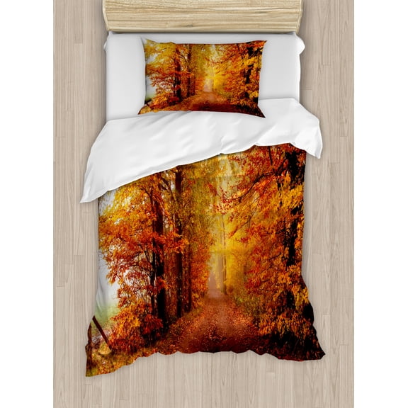Fall Duvet Cover Set, Footpath in Foggy Woods Peaceful September Serene Idyllic Country Theme, Decorative 2 Piece Bedding Set with 1 Pillow Shams, Twin Size, Orange Redwood Yellow, by Ambesonne