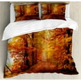 thumbnail image 1 of Fall Duvet Cover Set, Footpath in Foggy Woods Peaceful September Serene Idyllic Country Theme, Decorative 3 Piece Bedding Set with 2 Pillow Shams, Calking Size, Orange Redwood Yellow, by Ambesonne, 1 of 3
