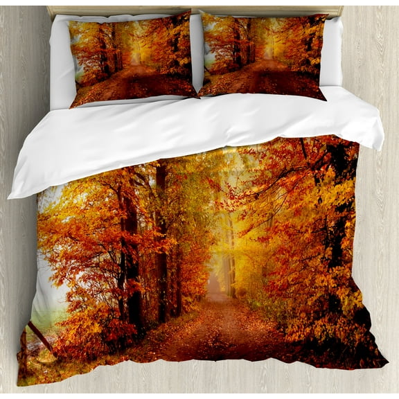 Fall Duvet Cover Set, Footpath in Foggy Woods Peaceful September Serene Idyllic Country Theme, Decorative 3 Piece Bedding Set with 2 Pillow Shams, King Size, Orange Redwood Yellow, by Ambesonne