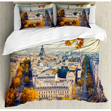 Fall Duvet Cover Set King Size, Aerial View of Eiffel Tower at Sunset Paris France Cityscape Historical Landmark Image, Decorative 3 Piece Bedding Set with 2 Pillow Shams, Multicolor, by Ambesonne