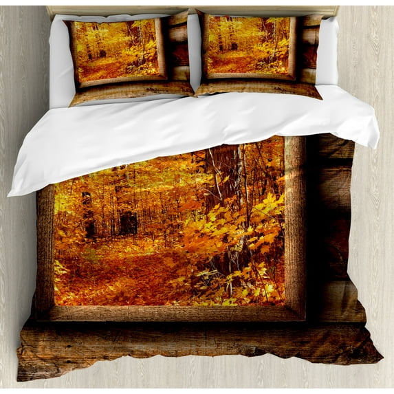 Fall Duvet Cover Set King Size, Fall Foliage View from Square Shaped Wooden Window inside Cottage Rustic Life Photo, Decorative 3 Piece Bedding Set with 2 Pillow Shams, Orange Brown, by Ambesonne