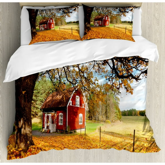 Fall Duvet Cover Set King Size, Quaint Traditional Red Swedish House Tranquil Environment Cottage Countryside Woods, Decorative 3 Piece Bedding Set with 2 Pillow Shams, Multicolor, by Ambesonne