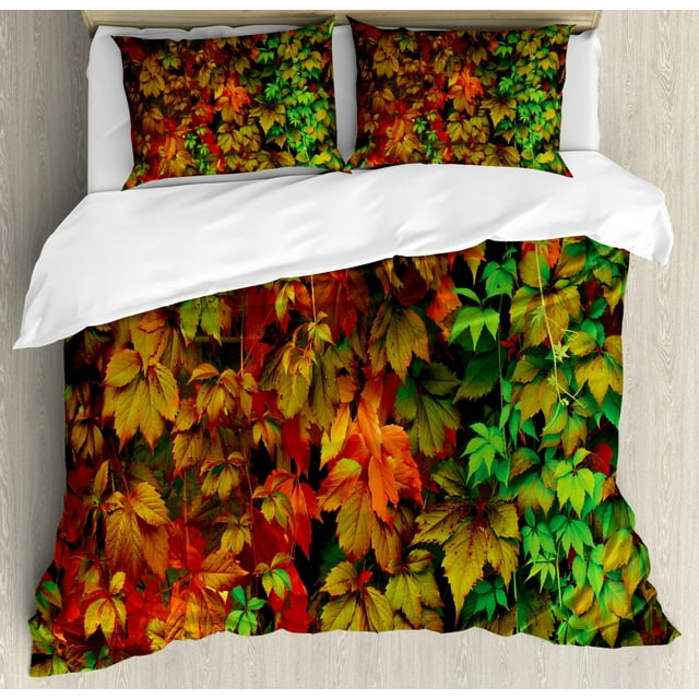 Fall Duvet Cover Set King Size, Vivid Leaves of Fall Colorful Fresh Nature Leafage Change of Seasons Theme Image Print, Decorative 3 Piece Bedding Set with 2 Pillow Shams, Multicolor, by Ambesonne