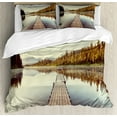 thumbnail image 1 of Fall Duvet Cover Set King Size, Wooden Pier on the Lake Serene Morning in the Woods Fishing Misty Recreational Image, Decorative 3 Piece Bedding Set with 2 Pillow Shams, Multicolor, by Ambesonne, 1 of 3