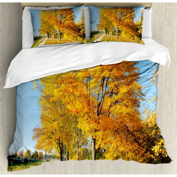 Fall Duvet Cover Set, Maple Trees in the Rural Countryside Natural Landscape Tranquil View, Decorative 3 Piece Bedding Set with 2 Pillow Shams, Calking Size, Pale Blue Yellow Green, by Ambesonne