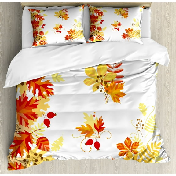 Fall Duvet Cover Set Queen Size, Autumn Themed Pattern Chestnut Oak Maple Leaves and Berries Corner Design Elements, Decorative 3 Piece Bedding Set with 2 Pillow Shams, Multicolor, by Ambesonne