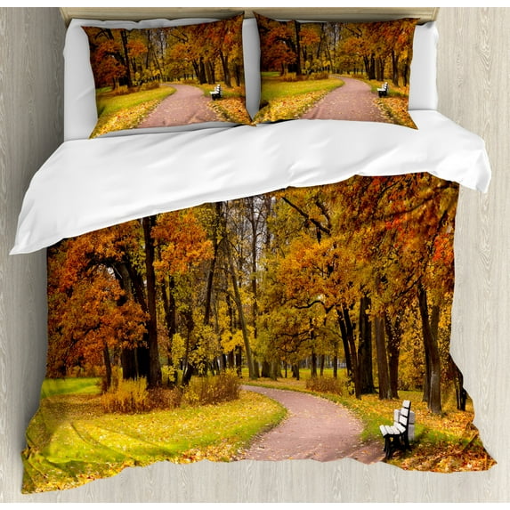 Fall Duvet Cover Set Queen Size, Idyllic Rural Landscape Tranquility in the Park Pathway Woodland Peaceful Environment, Decorative 3 Piece Bedding Set with 2 Pillow Shams, Multicolor, by Ambesonne