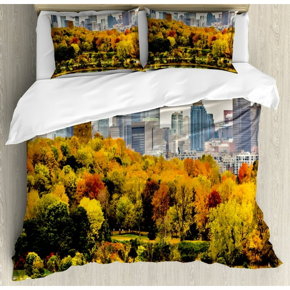Fall Duvet Cover Set Queen Size, Montreal Downtown Skyscrapers Autumn Various Trees Colorful Forest Urban Life Nature, Decorative 3 Piece Bedding Set with 2 Pillow Shams, Multicolor, by Ambesonne