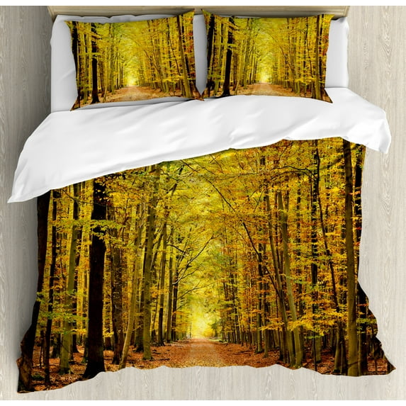 Fall Duvet Cover Set Queen Size, Pathway in Autumn Forest with Faded Seasonal Leaves Dramatic Romantic Season Scene, Decorative 3 Piece Bedding Set with 2 Pillow Shams, Yellow Brown, by Ambesonne