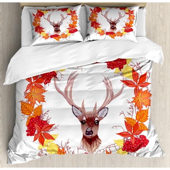 Fall Duvet Cover Set Queen Size, Reindeer Head in Rounded Floral Wreath Frame Made with Aesthetic Fall Leaves Print, Decorative 3 Piece Bedding Set with 2 Pillow Shams, Brown Orange, by Ambesonne