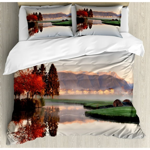 Fall Duvet Cover Set Queen Size, Vibrant Maple and Pine Trees Reflection Stone Bridge over Creek Fog Houses and Hills, Decorative 3 Piece Bedding Set with 2 Pillow Shams, Multicolor, by Ambesonne