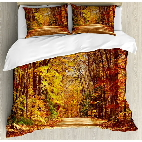 Fall Duvet Cover Set, Scenic View Outdoors Empty Roadway Surrounded with Deciduous Trees Image, Decorative 3 Piece Bedding Set with 2 Pillow Shams, Calking Size, Redwood Yellow Orange, by Ambesonne