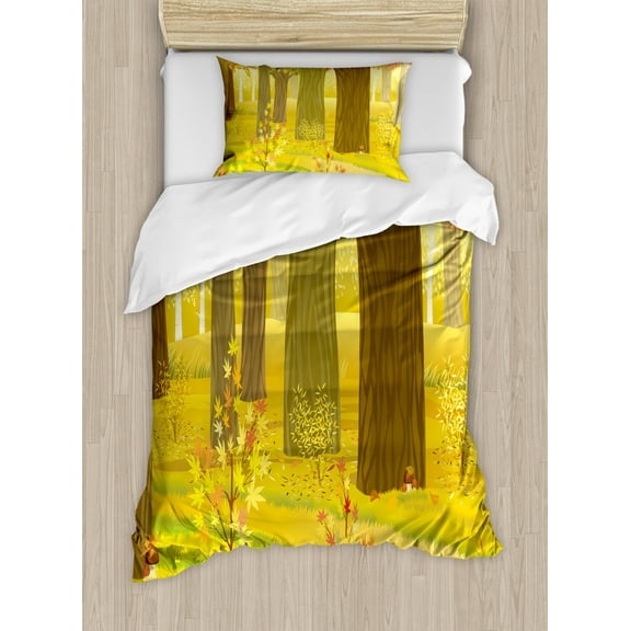 Fall Duvet Cover Set Twin Size, Dreamy Fantasy Enchanted Forest Illustration Deciduous Trees Bushes in the Countryside, Decorative 2 Piece Bedding Set with 1 Pillow Sham, Multicolor, by Ambesonne