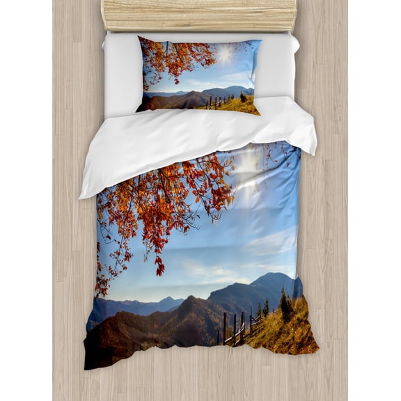 Fall Duvet Cover Set Twin Size, Fallen Leaves Over the Mountains Idyllic Fall Day Morning Sunrise Oak Tree Branches, Decorative 2 Piece Bedding Set with 1 Pillow Sham, Multicolor, by Ambesonne