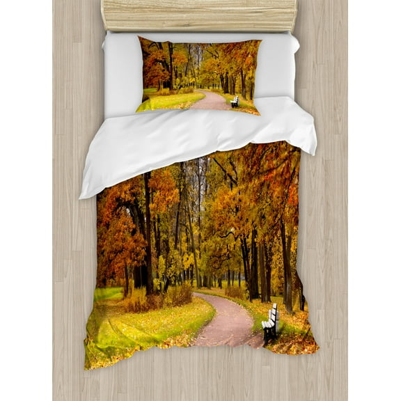 Fall Duvet Cover Set Twin Size, Idyllic Rural Landscape Tranquility in the Park Pathway Woodland Peaceful Environment, Decorative 2 Piece Bedding Set with 1 Pillow Sham, Multicolor, by Ambesonne