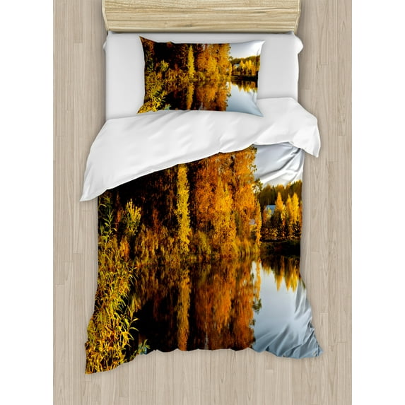 Fall Duvet Cover Set Twin Size, Lake at Sunset Rays Autumnal Landscape Pond Woodland Outdoors Ecology Environment, Decorative 2 Piece Bedding Set with 1 Pillow Sham, Multicolor, by Ambesonne