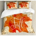 thumbnail image 1 of Fall Duvet Cover Set, Vivid Watercolor Style Maple Leaf Fall Word on Vintage Backdrop, Decorative 3 Piece Bedding Set with 2 Pillow Shams, Queen Size, Orange Pale Brown White, by Ambesonne, 1 of 3