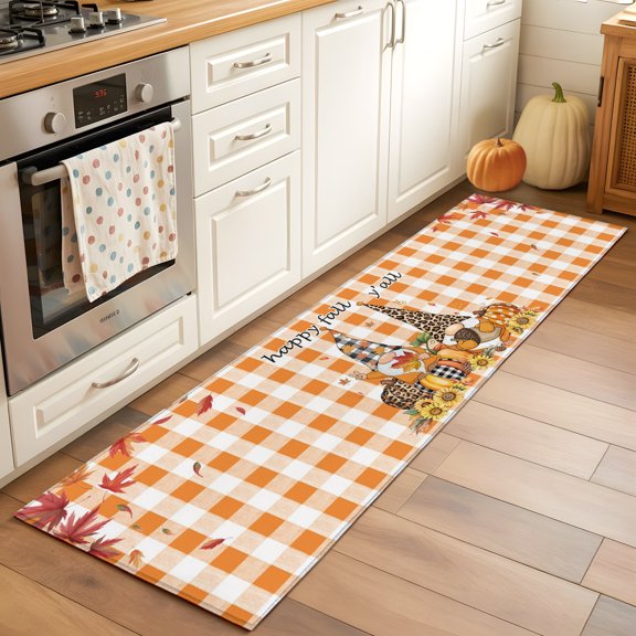 Fall Dwarf Pumpkin Harvest Rectangle Area Rug 2x6ft,Living Room Rug Non-Slip Washable Circle Rugs Pad,Thanksgiving Leaf on Orange Soft Floor Carpet for Bedroom Dining Room