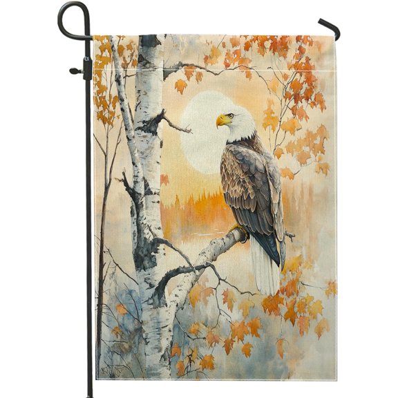 Fall Eagle Bird Garden Flags 12x18 Inch Double-Sided for Outside, Autumn Birch Tree Leaf Linen Burlap Lawn Flags, Country Backyard Small House Flags Outdoor Decor Decoration