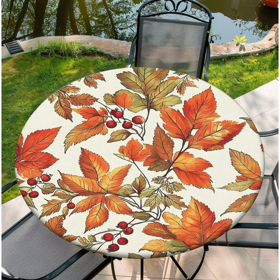 Fall Elastic Round Tablecloth, Thanksgiving Fitted Tablecloths for Round Table Waterproof for 38"-42" Table, 44Inch Tablecover, Autumn
