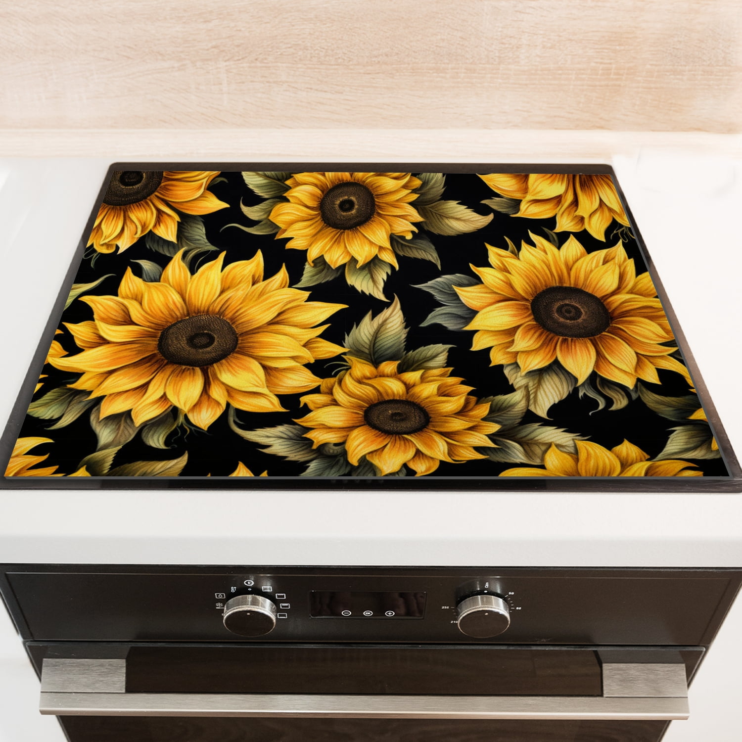 Fall Electric Stove Top Covers, Black and Yellow Sunflowers Glass Cooktop Cover Protector, Anti-Slip Heat Resistant Range Cooktop Cover Mat for Kitchen RV (28×20 Inch)
