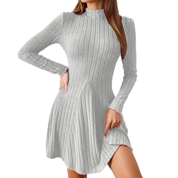 Fall Elegant Knit Dress for Women Long Sleeve High Neck Sweater Dress A Line Flared Hem Soft Stretchy Fabric Grey M