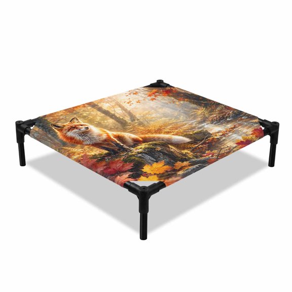 Fall Elevated Dog Bed, Red Fox Orange Maple Leaves Forest Creek Amber Gold Sunbeam Cooling Breathable Outdoor Raised Dog Cot Bed with Metal Frame Non-Slip Feet for Small Dog 20x20in