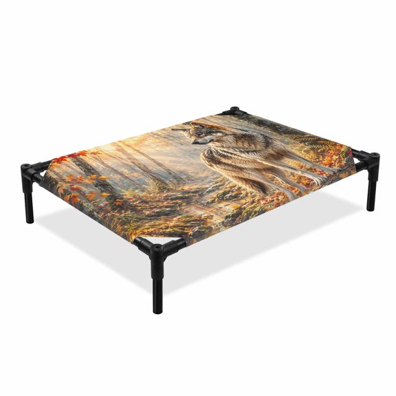 Fall Elevated Dog Bed, Timber Wolf Orange Maple Leaves Forest Creek Sunbeam Rustic Cooling Breathable Outdoor Raised Dog Cot Bed with Metal Frame Non-Slip Feet for Medium Dog 24x20in
