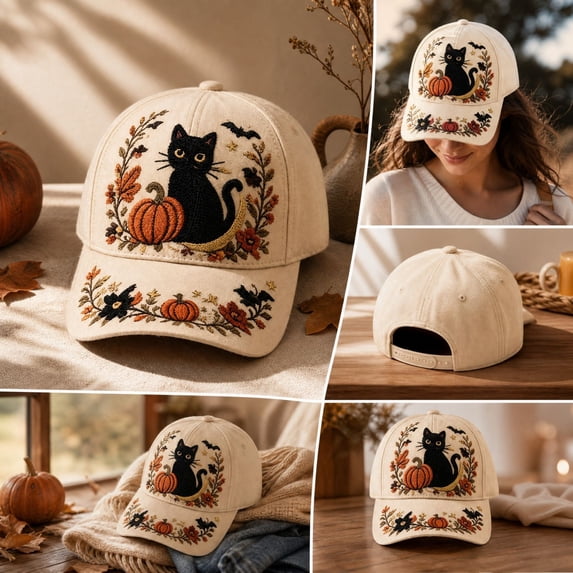 Fall Embroidered Baseball Cap,Vintage Black Cat Pumpkin Floral Adjustable Trucker Hat,Casual Holiday Accessory for Women Men