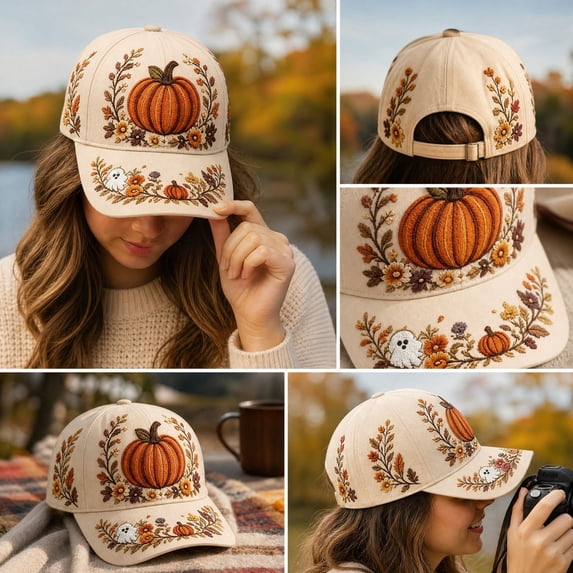 Fall Embroidered Baseball Cap,Vintage Pumpkin Floral Adjustable Trucker Hat,Casual Holiday Accessory for Women Men