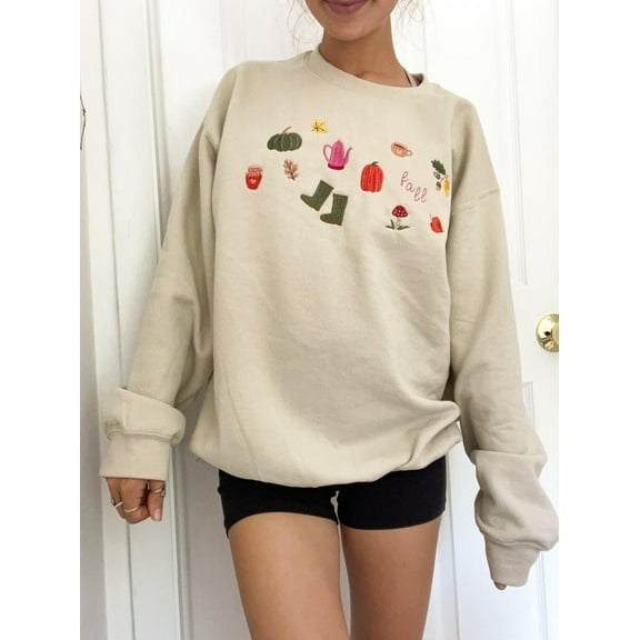 Fall Embroidered Crewneck With Iconic Symbols