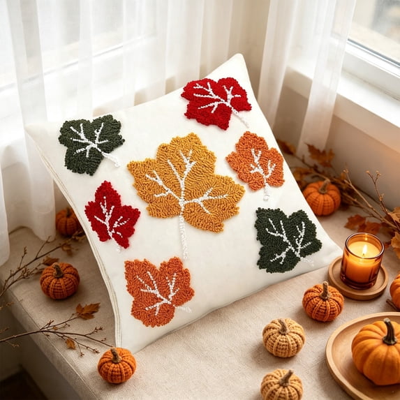 Fall Embroidered Pillow, Maple Leaf Cushion, Halloween Sofa Decor, Tufted Textured Design and Festive Themed Patterns for Living Room Sofas, Bedroom Accents, and Party Settings