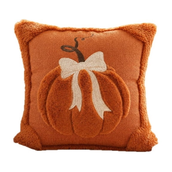 Fall Embroidered Pumpkin Throw Pillow Cover Decorative Plush Trim Sofa Cushion Cover 18 X 18 Inch Soft Knit Accent Pillow Case for Home Living Room Bedroom Harvest Season