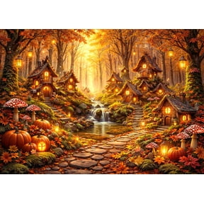 Fall Enchanted Forest Fairy House Backdrop Autumn Pumpkin Magic Stream Photography Background for Kids Baby Shower, Birthday Party & Photo Booth Decor 5X3 ft
