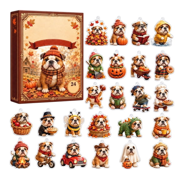 Fall English Bulldog Advent Calendar 2026, 24Pcs 2D Acrylic Ornaments with Pumpkin Maple Leaf Sweater Football, Autumn Countdown Calendar with Hanging Pendants, Gift for Bulldog Lovers