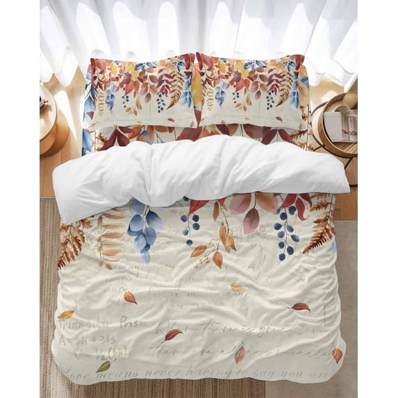Fall Eucalyptus Leaf Bedding Duvet Cover Set Queen Size 4 Pieces Blue Leaves Thanksgiving Vintage Letter Bedding Set with Zipper Closure, 1 Comforter Cover 90x92 Inches 1 Flat Sheet & 2 Pillow Cases