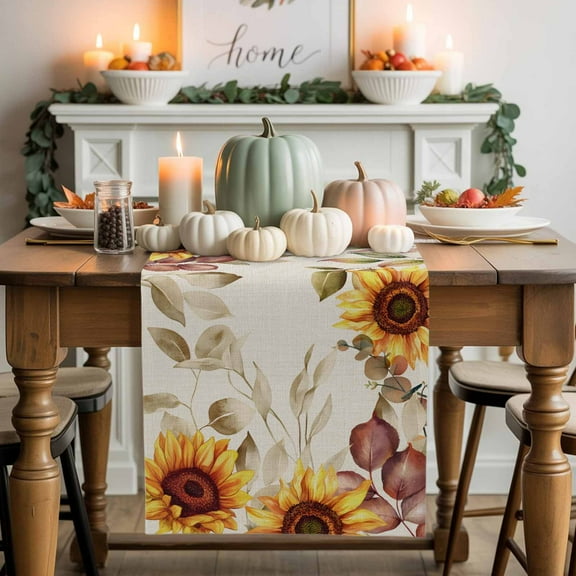 Fall Eucalyptus Leaf Cotton Linen Table Runner, Washable Table Runners for Kitchen, Dining Room, Holiday, Home Party Table Decor, 13x48 Inches