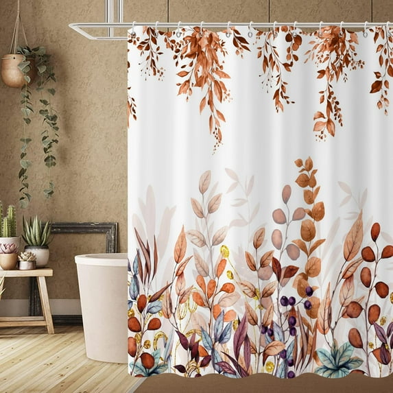 Fall Eucalyptus Leaf Long Curtain Watercolor Autumn Thanksgiving Botanical Plants Bathroom Curtain Bathtub Home Decor Waterproof Fabric Machine Washable with 12 PCS Hooks,72Wx84L, Tan and Teal