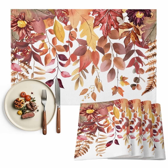 Fall Eucalyptus Leaf Placemats Set of 6 Fallen Leaves Flower Autumn Plant Heat Insulated Linen Place Mats, Washable Stain-Proof Table Mats for Dining Tables Holiday Decor 13x19inch