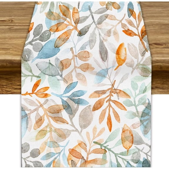 Fall Eucalyptus Leaf Table Runner, Autumn Orange Blue Leaves Harvest Thanksgiving Table Runner for Holiday Dining Room Kitchen Table Party Decoration, 13x36inch