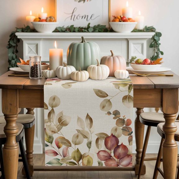 Fall Eucalyptus Leaf Table Runner, Autumn Thanksgiving Kitchen Dining Table Decoration for Home Party Decor 13x72 Inches