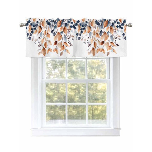 Fall Eucalyptus Leaf Valances for Windows Watercolor Berry Plant Leaves Kitchen Valance Curtain Rod Pocket Small Curtains for Cafe Bathroom Laundry Basement 42" x 12"