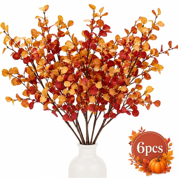 Fall Eucalyptus Leaves Artificial Eucalyptus Stems,Fall Faux Eucalyptus Branches for Christmas Home Autumn Thanksgiving Decoration 6pcs