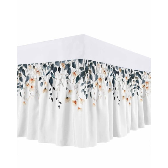 Fall Eucalyptus Leaves Bed Skirt California King Size 18 Inch Drop, White Flowers Blue Leaf Harvest Wrap Around Dust Ruffle Bedskirts, Wrinkle&Fade Resistant Easy Fit Bedskirt with Adjustable Elastic