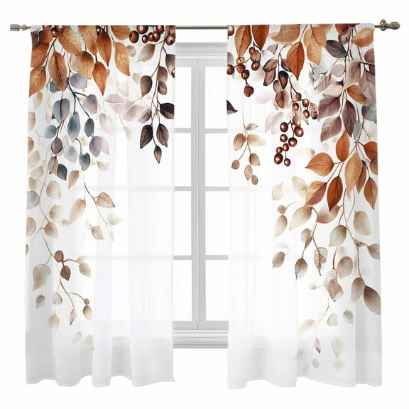 Fall Eucalyptus Leaves Sheer Curtains 63 inches Long 2 Panels Set Watercolor Berry Plant Leaves Sheer Window Curtain Rod Pocket Voile Drapes for Living Room/Bedroom, Each 52" W x 63" L
