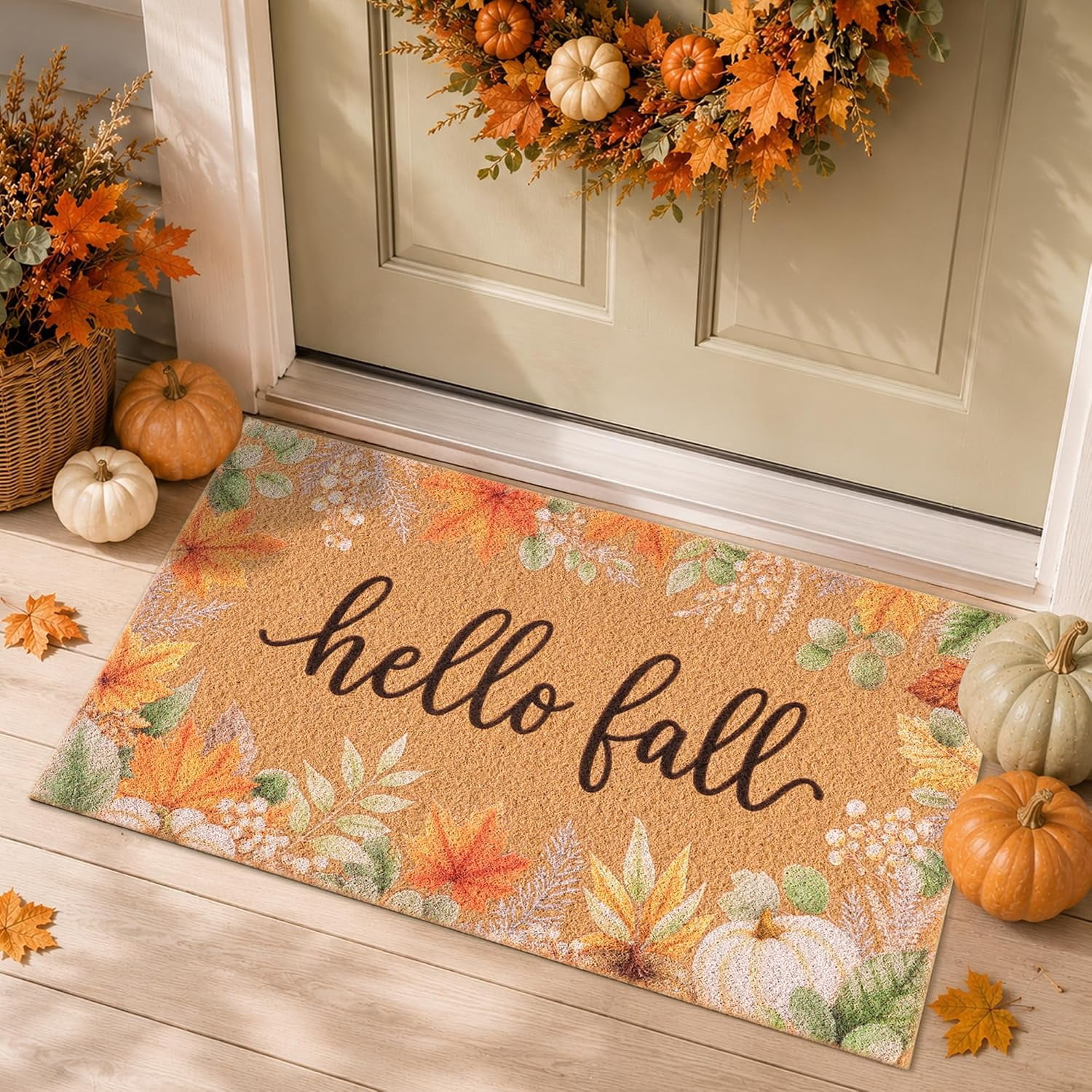 Fall Eucalyptus Pumpkin Door Mat, Hello Autumn Welcome Rug for Front ...