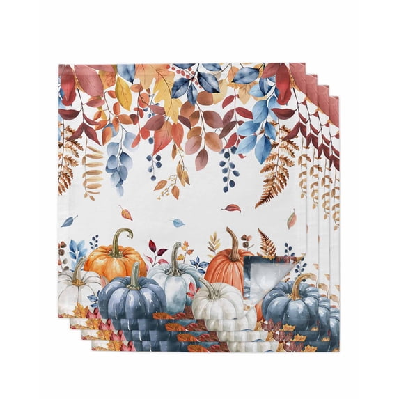 Fall Eucalyptus Pumpkins Cloth Napkins Set of 4 Reusable Dinner Napkins, Thanksgiving Blue Autumn Leaves Cocktail Napkin Washable Table Napkins for Wedding/Holiday Party/Baby Shower 20"x20"