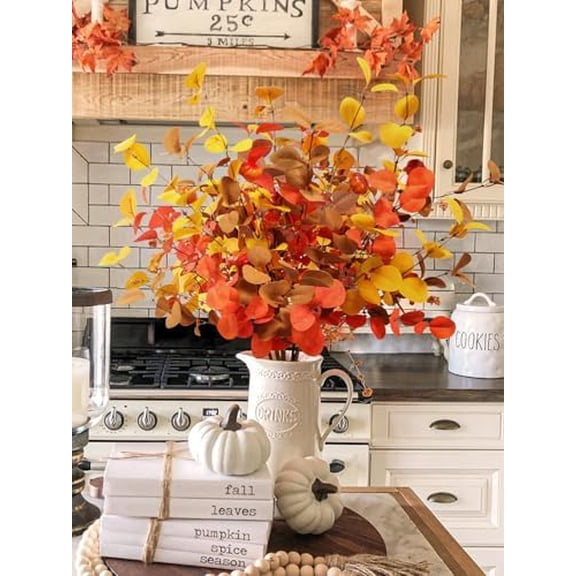 Fall Eucalyptus Stems Christmas Decor - 5Pcs 32" Tall Faux Eucalyptus Leaves Pumpkins Branches Autumn Thanksgiving Farmhouse Harvest Fireplace Table Centerpiece Home Decorations
