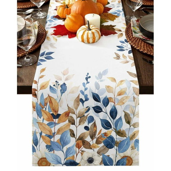 Fall Eucalyptus Table Runner-Cotton Linen- 108 Inch Holiday Dresser Scarves, Blue Brown Country Plant Thanksgiving Tablerunner for Kitchen Coffee/Dining Bedroom Living Room Dinner Scarf Décor 13x108