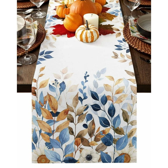 Fall Eucalyptus Table Runner-Cotton Linen- 48 Inch Holiday Dresser Scarves, Blue Brown Country Plant Thanksgiving Tablerunner for Kitchen Coffee/Dining Bedroom Living Room Dinner Scarf Décor 13x48
